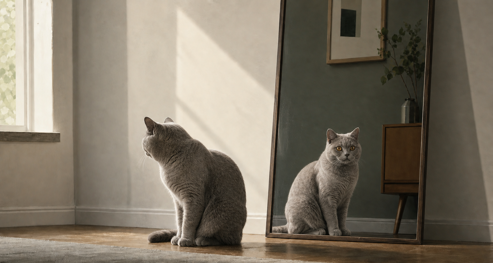Noriko, a grey British Shorthair, sitting beside her reflection in a large mirror